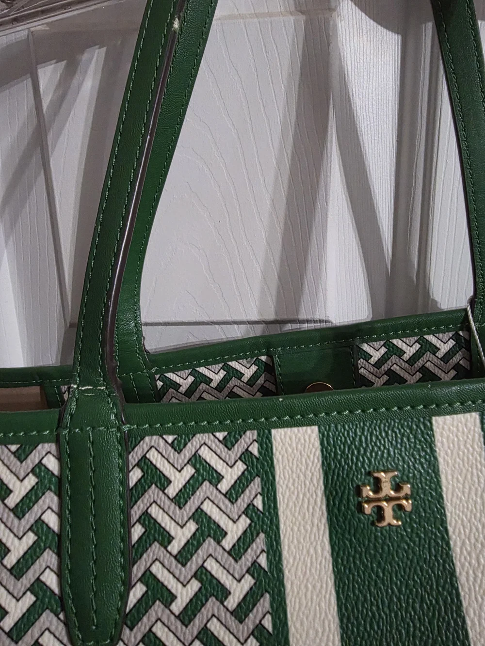 Tory Burch Green Patterned Stripe Tote Bag